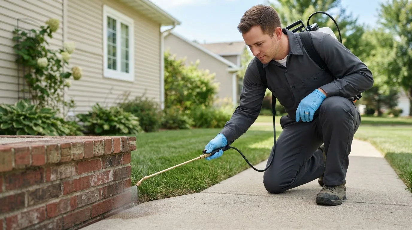 Pest control technician treating a home near Cumberland, RI